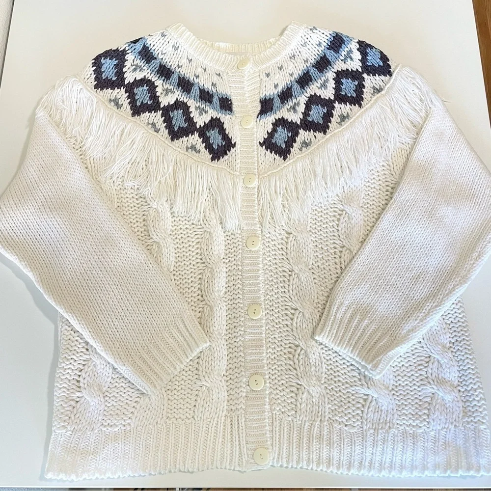 Vintage Nordic Fair Isle Fringe Yoke Cardigan Cable Knit Sweater 80s 90s Medium